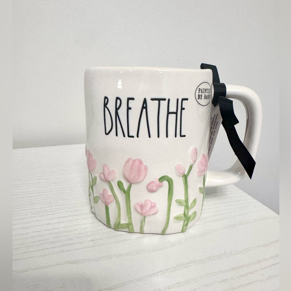 Rae Dunn White & Pink Floral ‘Breathe’ Mug, Hand Painted